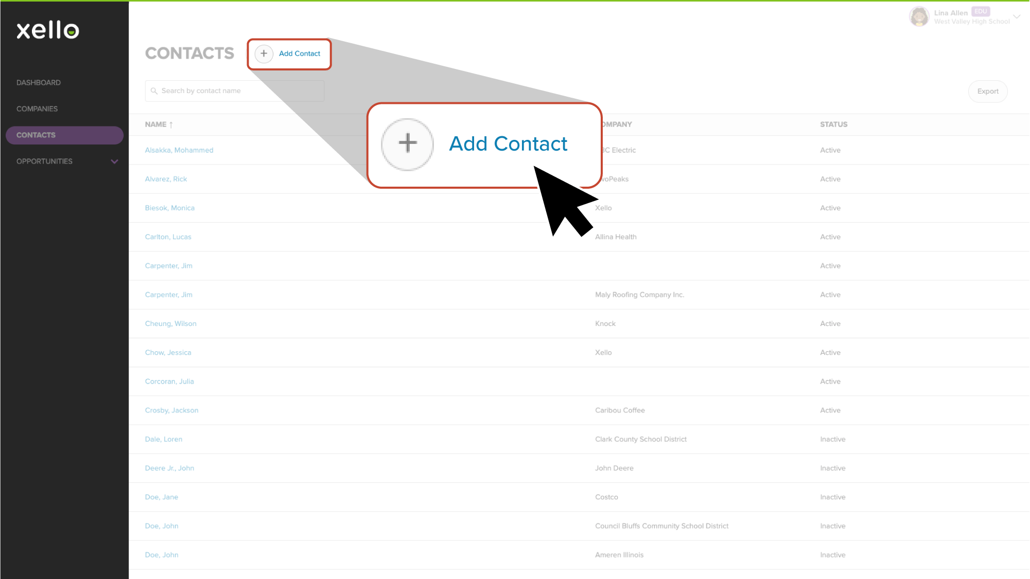Add Contact highlighted on Contacts page